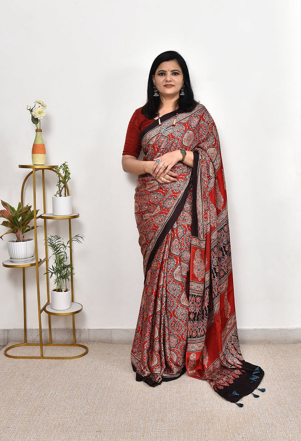 Red Ajrakh Printed Soft Gaji Silk Natural Print Saree